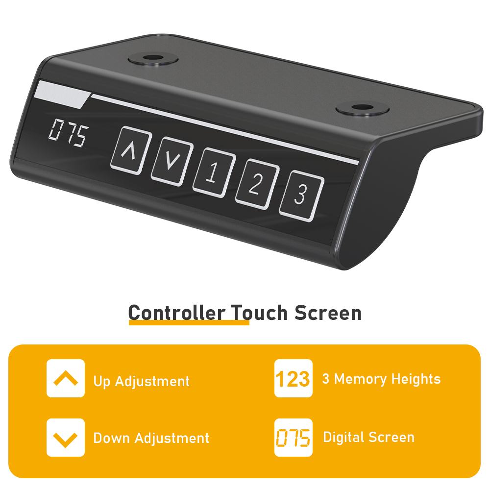 Touchscreen control panel for electric standing desk with LED display, up/down buttons, programmable height memory presets