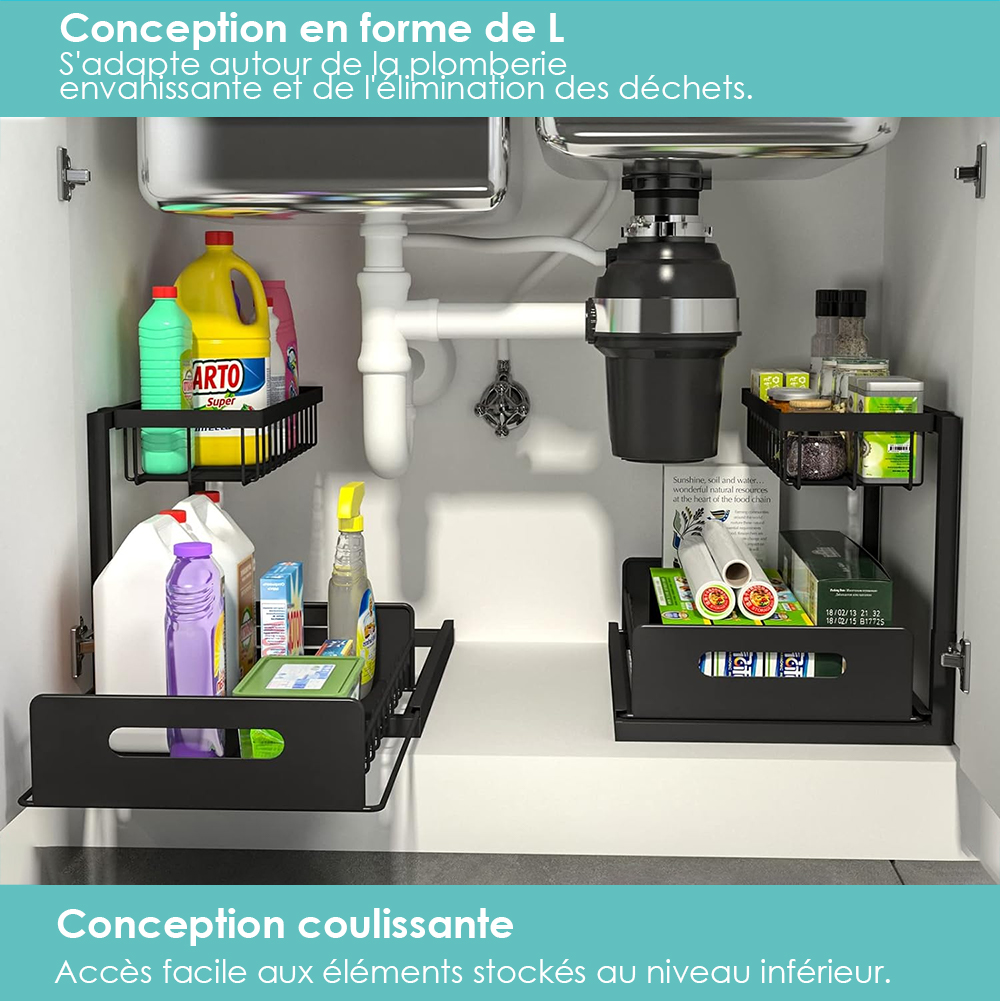 Lot De 2 Organisateurs Coulissants Sous évier - Tiroirs à 2 Niveaux, Dimensions 22x36x39 Cm