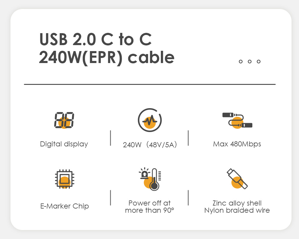 USB 2.0 Type-C charging cord features an E-Marker chip, zinc alloy shell, digital display, etc
