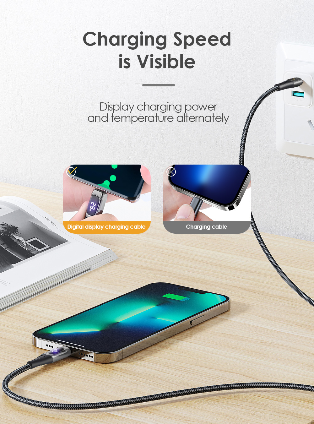 USB Type-C cable connects a phone to the wall charger, while the Type-C cable shows charging power & temp alternately