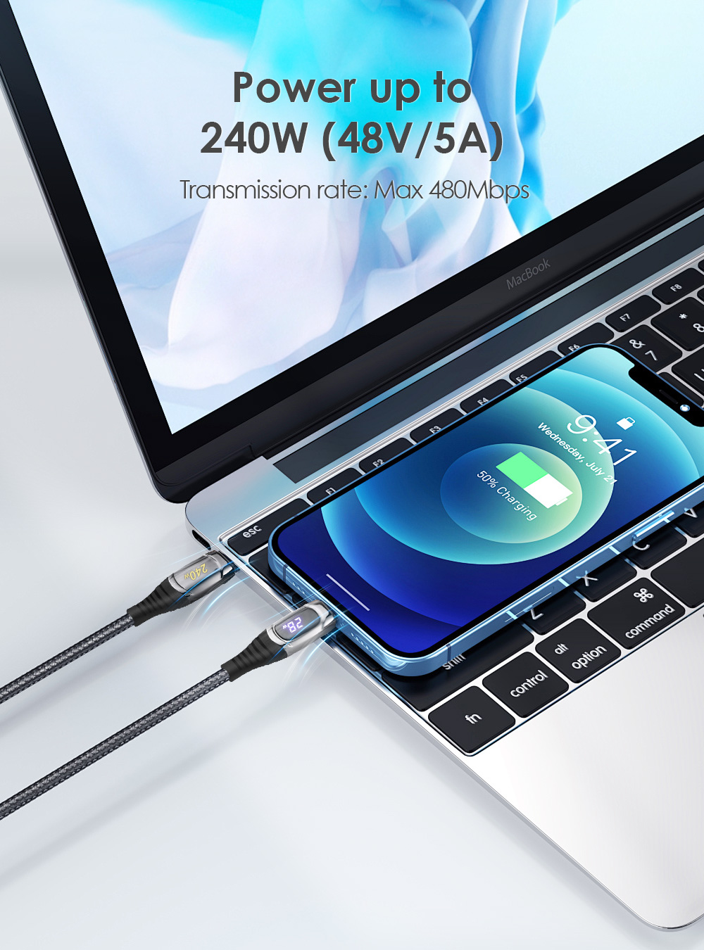 Linked a laptop to a phone with the USB-C to USB-C cable, which supports up to 240W charging power & 480Mbps transfer rate