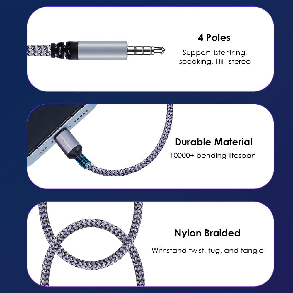 The Type-C to 3.5mm Aux cable features tangle-free nylon braided wire, and it can withstand 10000+ bend lifespan test