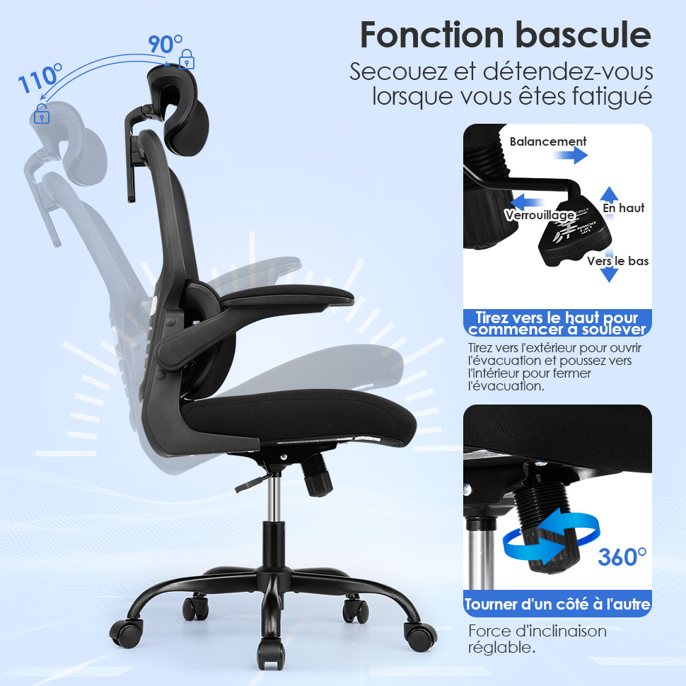 Chaise ergonomique avec soutien lombaire, accoudoir et appuitête — free download