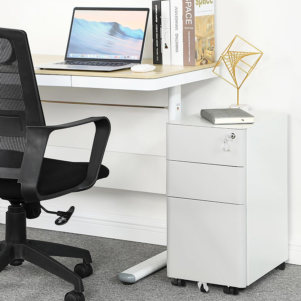 White Slim 3-Drawer File Cabinet with Key & Casters – Ideal for Office Use