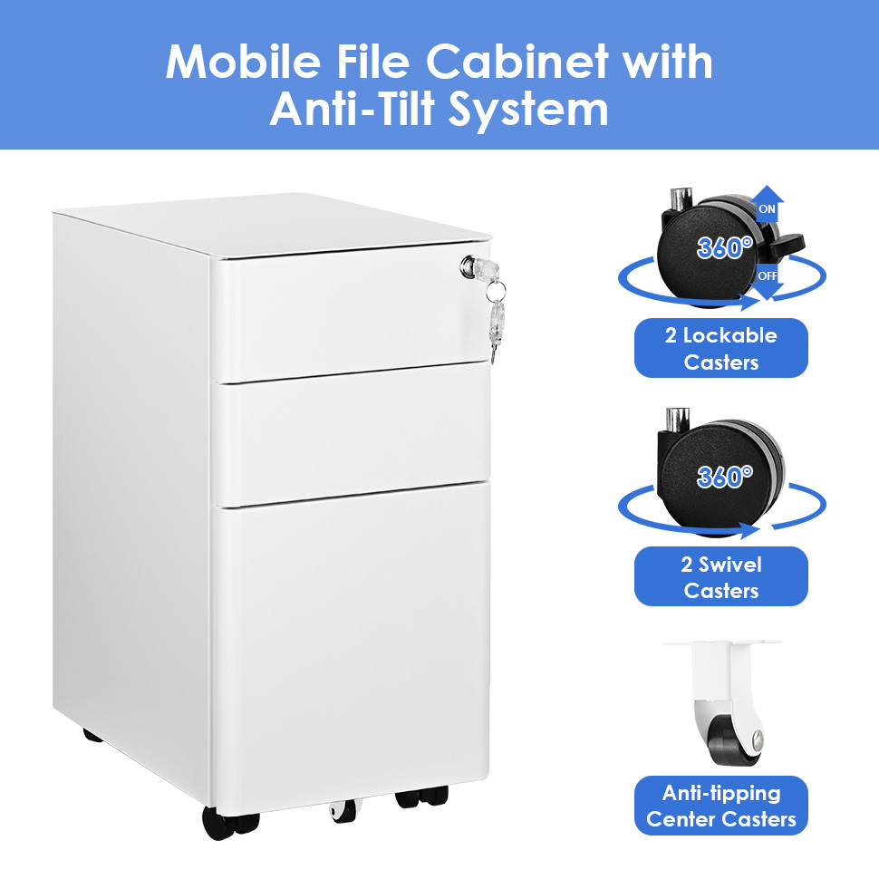 White 3-Drawer File Cabinet with Key & 360° Swivel Casters
