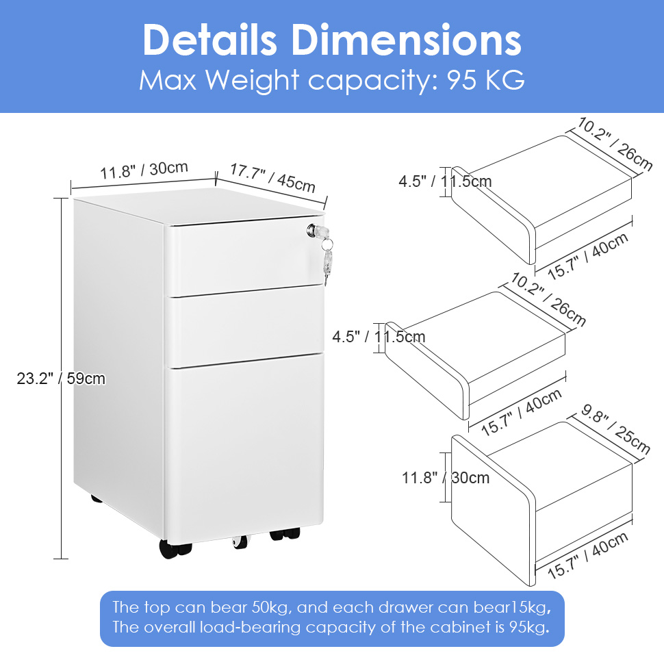 Compact Slim 3-Drawer File Cabinet with Keys for A4/Letter/Legal