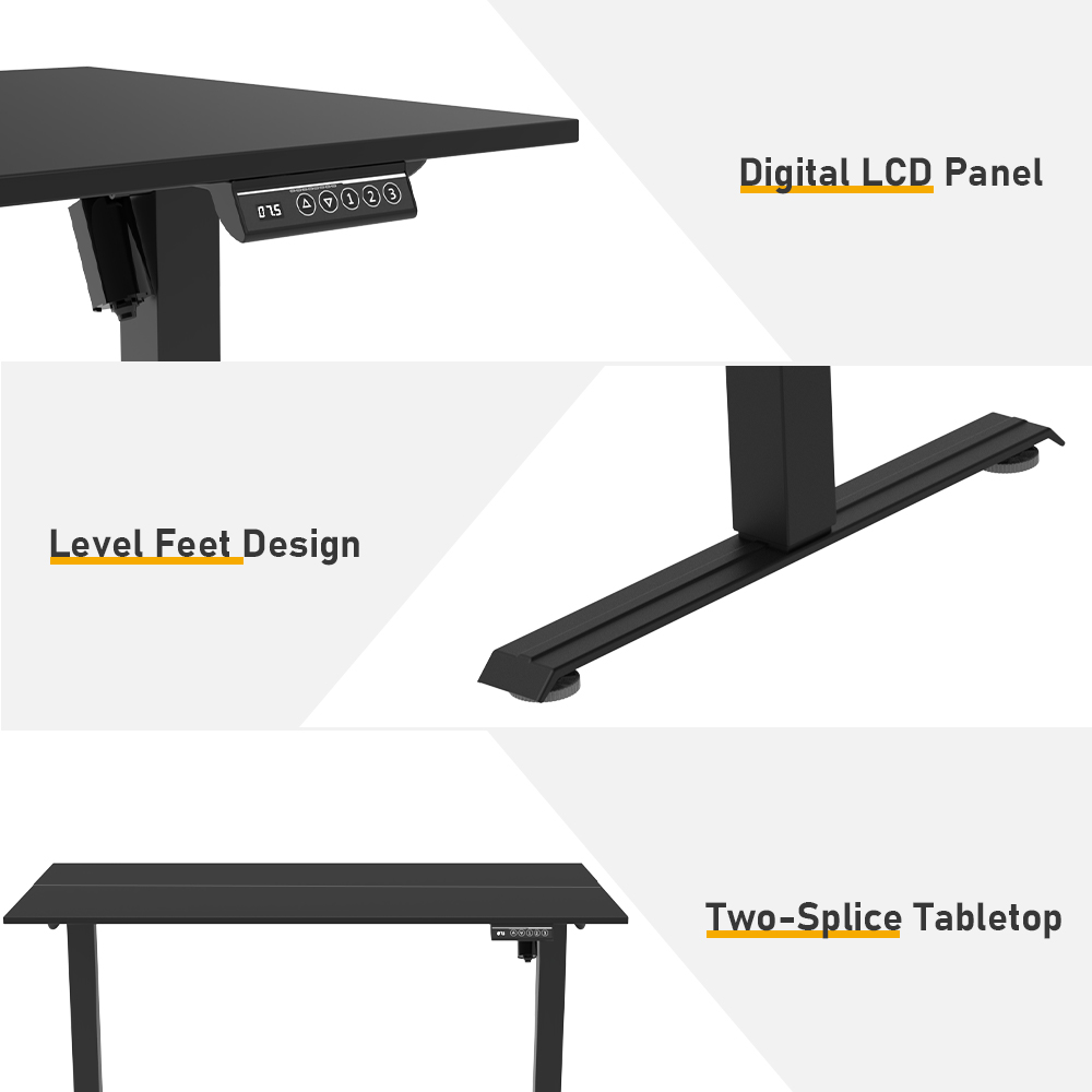 Black standing desk with a digital LCD panel, horizontal legs, and a two-splice tabletop