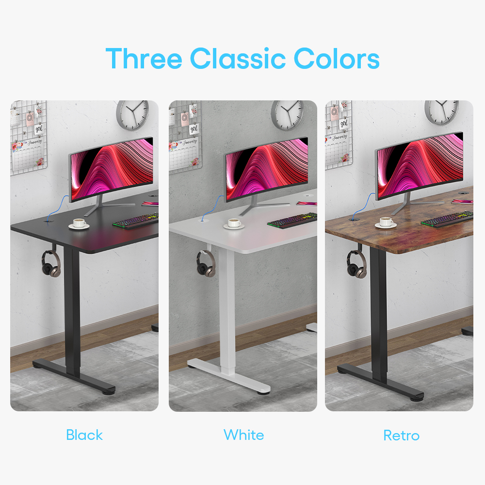PrimeCables' sit and stand desks are available in three classic colors: white, black, and retro