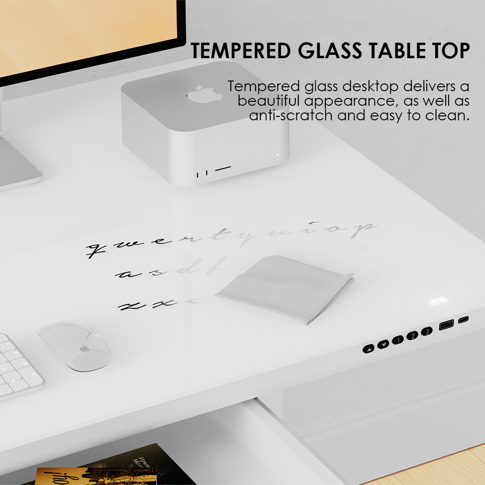 PrimeCables electric standing desk features a scratch-resistant and easy-to-clean tempered glass tabletop