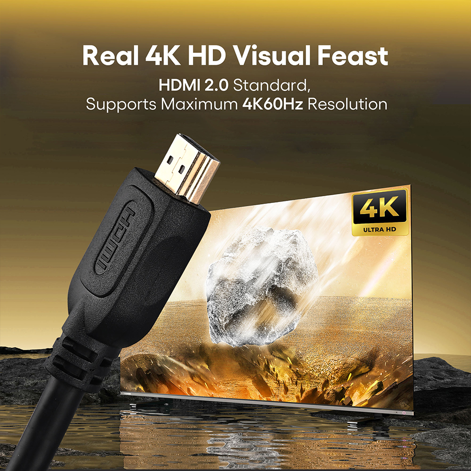 PrimeCables 4K@60Hz HDMI 2.0 cable connected to a TV, displaying a 4K ultra HD scene