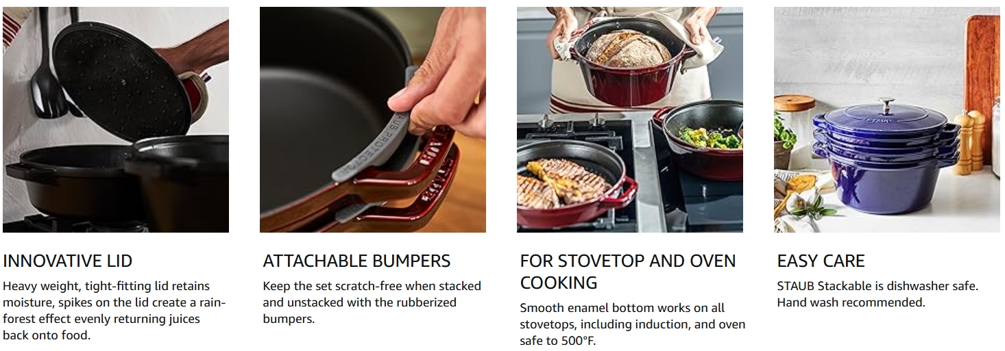 STAUB Stackable Set 24CM Medium 4 Piece Set, Cast Iron, 3 Colors