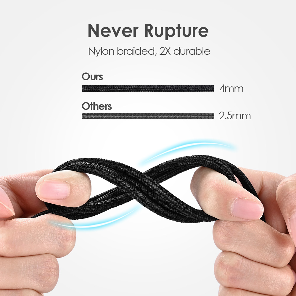 Black nylon braided charging cable is 4mm thick and twice as durable as other 2.5mm cables