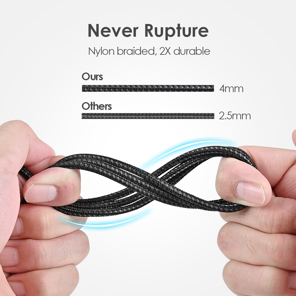 Black nylon-braided USB Type-A to Type-C cable has a outstanding flexibility and will not easily break even when twisted