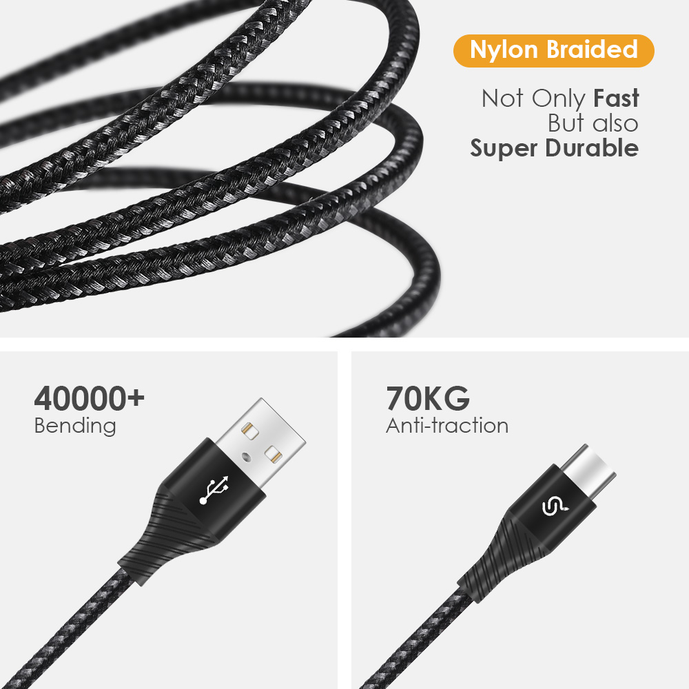Black USB 2.0 A to C cable can withstand 40000+ bending resistance & 70kg anti-traction for super durable