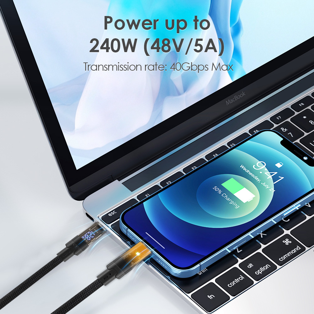 Type-C cable connecting a laptop and a phone with up to 240W charging power and 40Gbps data transfer rate