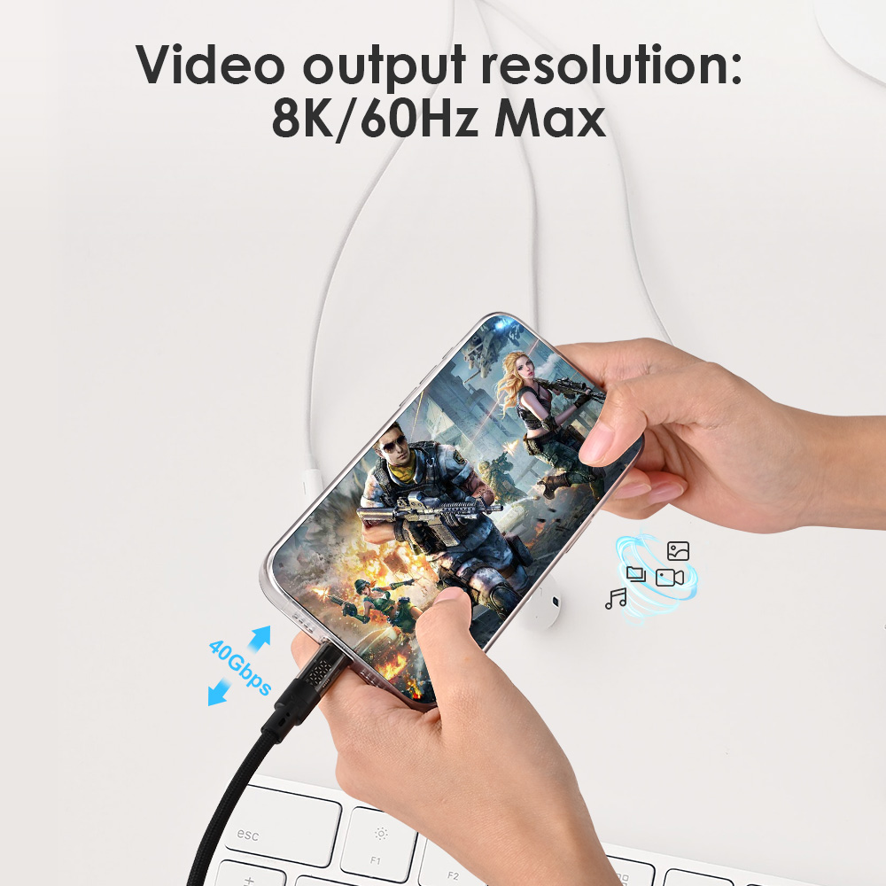 USB 4.0 Type-C cable connected to a gaming phone, while the cable supports a maximum video output resolution of 8K