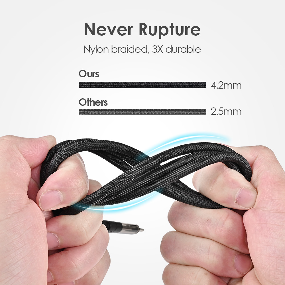 Nylon braided Type-C cable was hand-pulled and compared with the diameter of other cables to demonstrate its durability