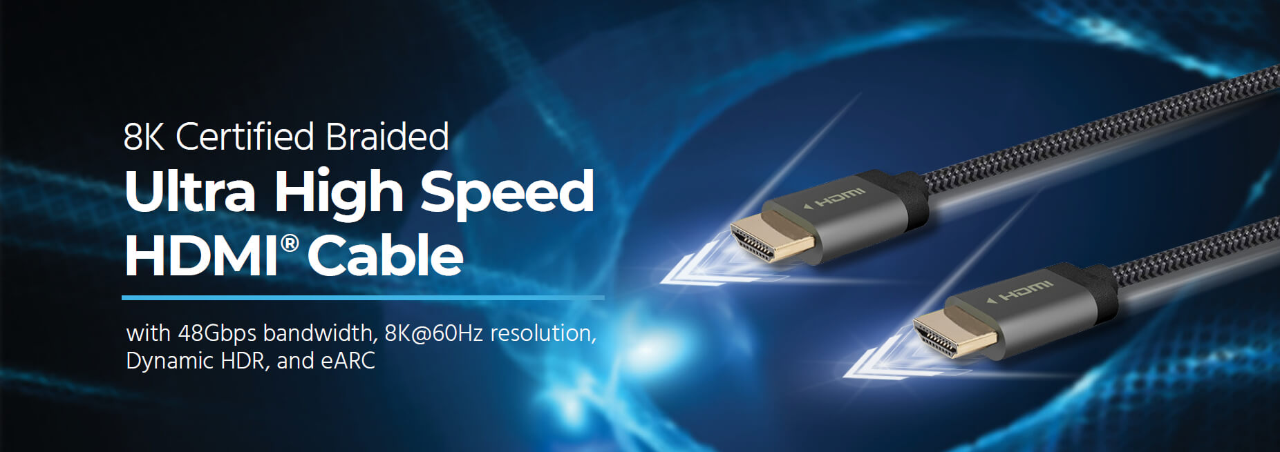 Monoprice certified braided ultra high-speed HDMI cable features 48Gbps bandwidth, 8K@60Hz resolution, dynamic HDR, and eARC