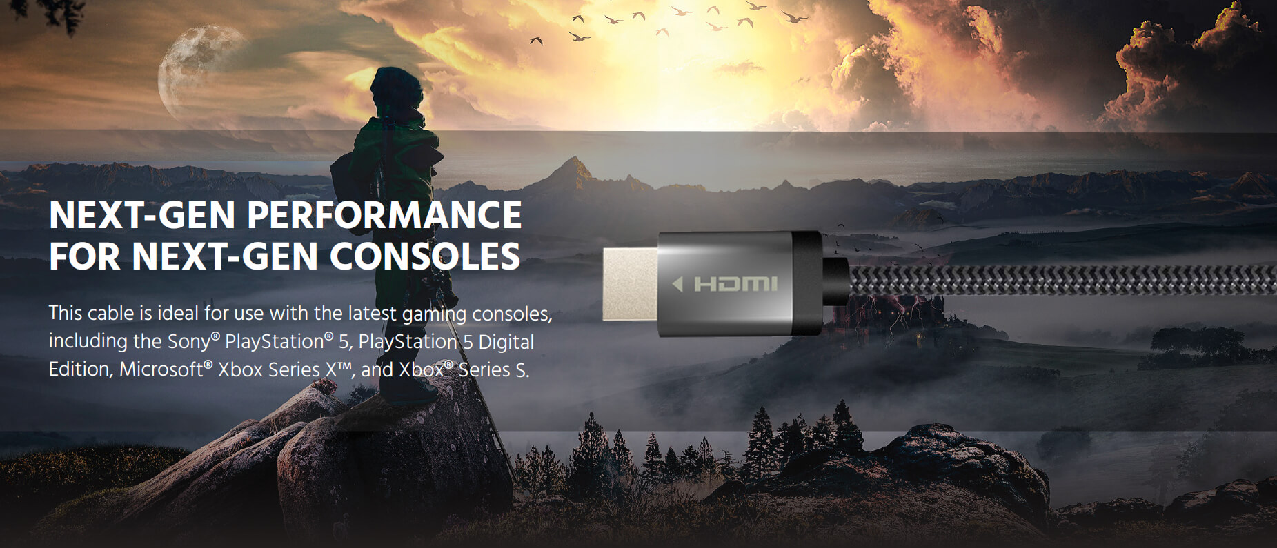 This nylon-braided HDMI 2.1 cable is ideal for use with Sony PlayStation 5 and Microsoft Xbox Series X/S consoles