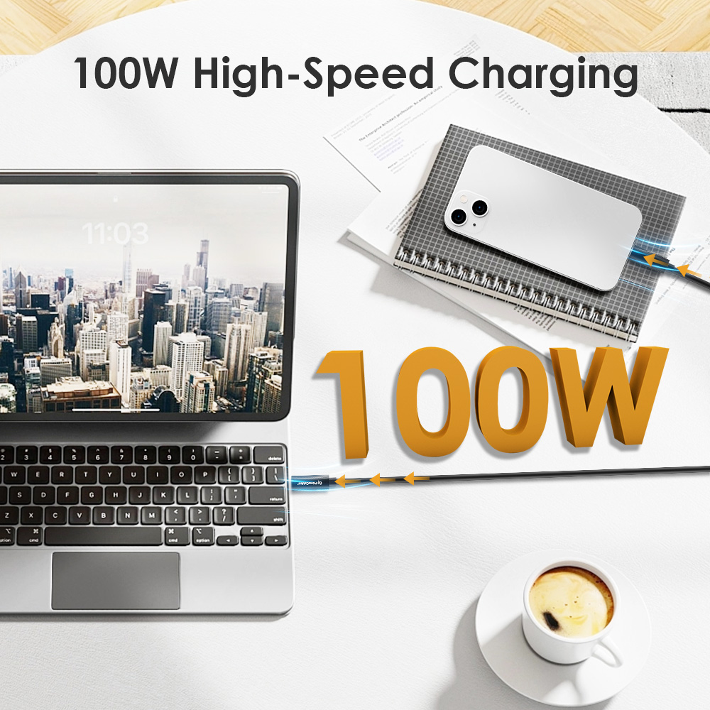 A USB-C cable supporting 100W high-speed charging is connected to a laptop and a smartphone on the desk
