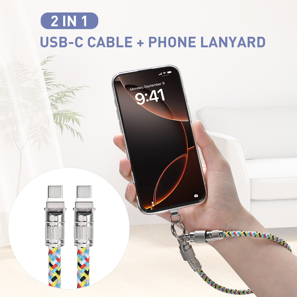 2-in-1 USB-C cable phone lanyard, featuring a strong metal loop and hook, attaches to your smartphone
