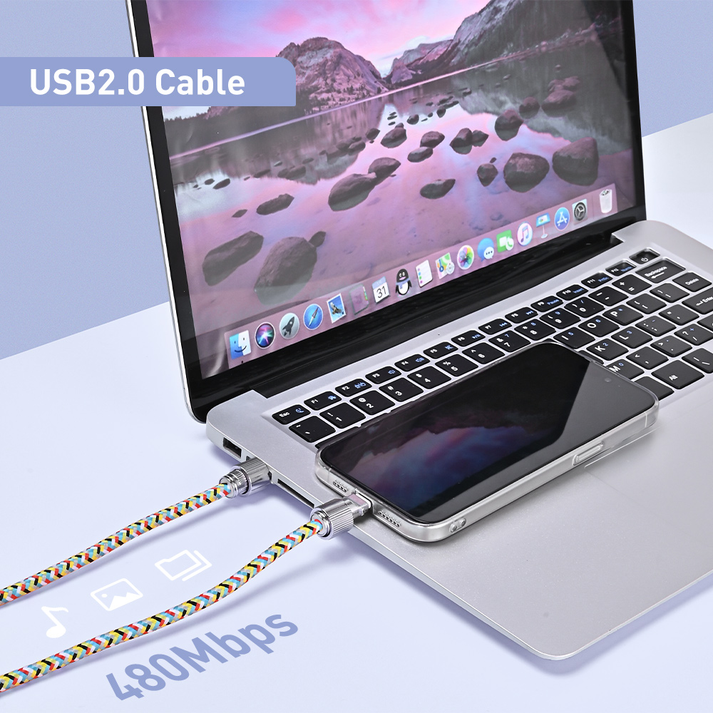 Braided USB 2.0 Type-C cable phone lanyard connecting a laptop and smartphone on the desk