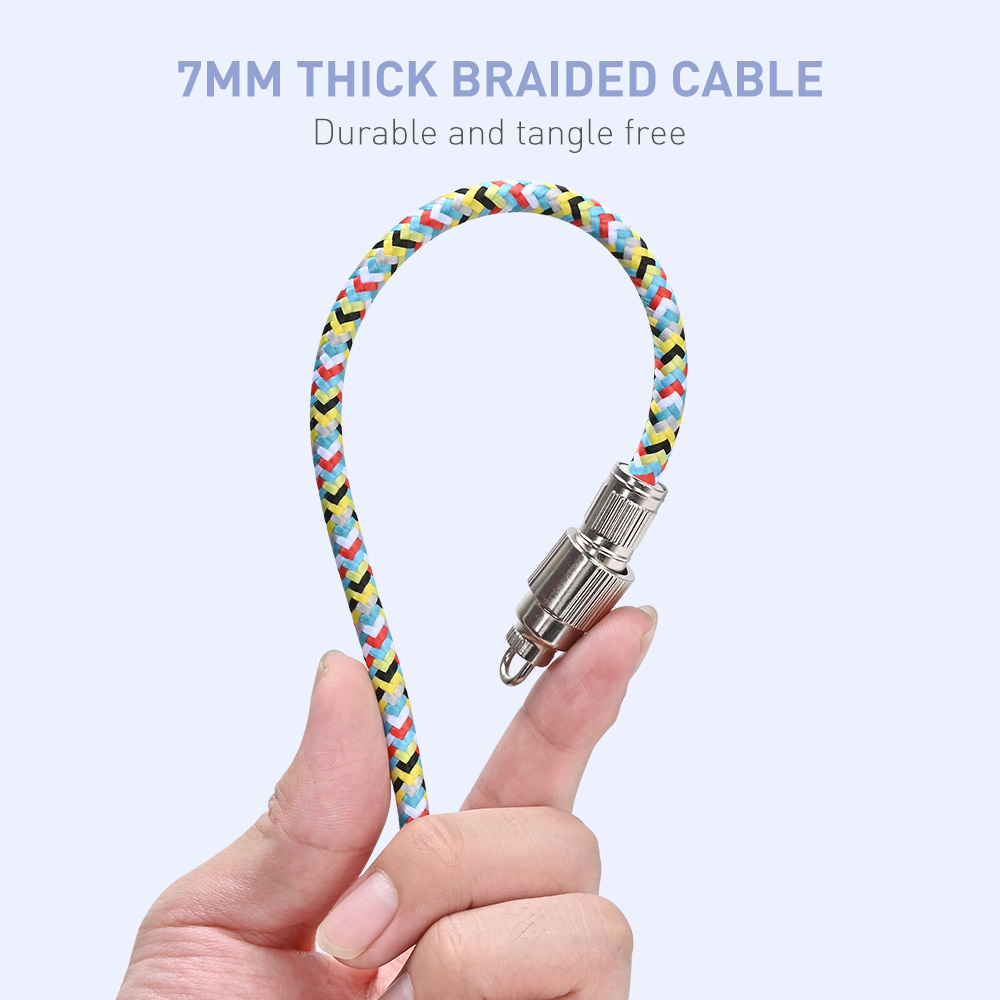 2-in-1 USB-C cable phone lanyard features a 7mm thick, colorful braided cable that is durable and tangle-free