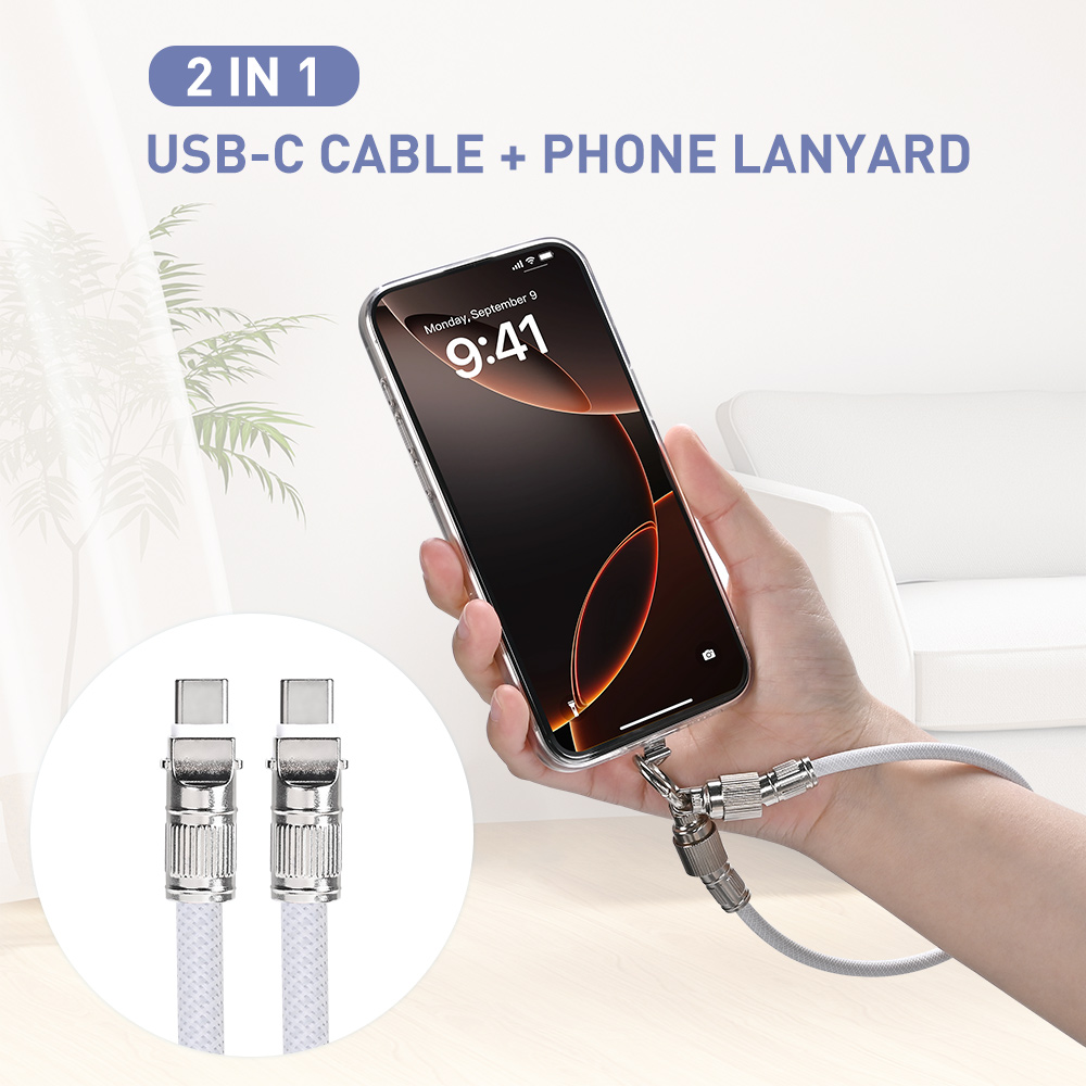 2-in-1 USB-C cable with phone lanyard attached to a smartphone, showing wrist strap use and detachable USB-C connectors