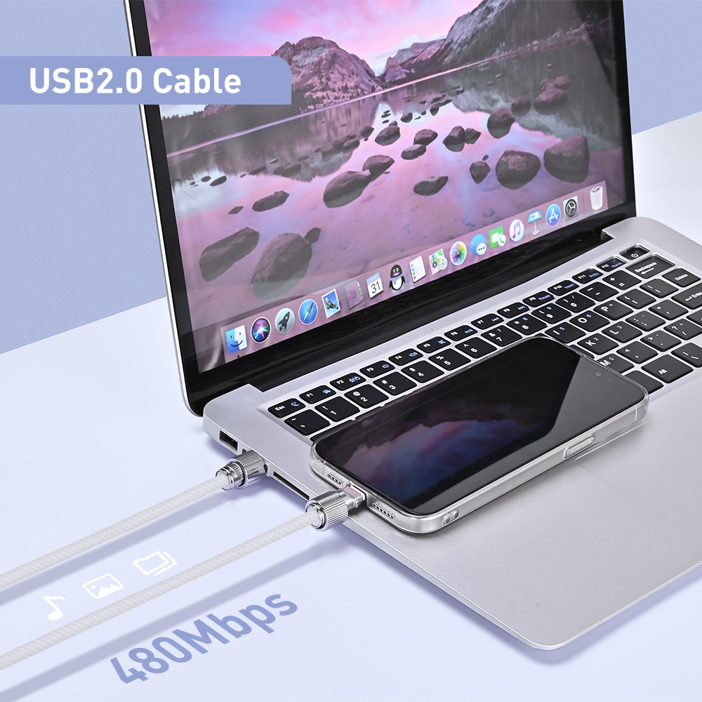 USB 2.0 Type-C cable phone lanyard connected to a laptop and smartphone with a data transfer rate of up to 480Mbps