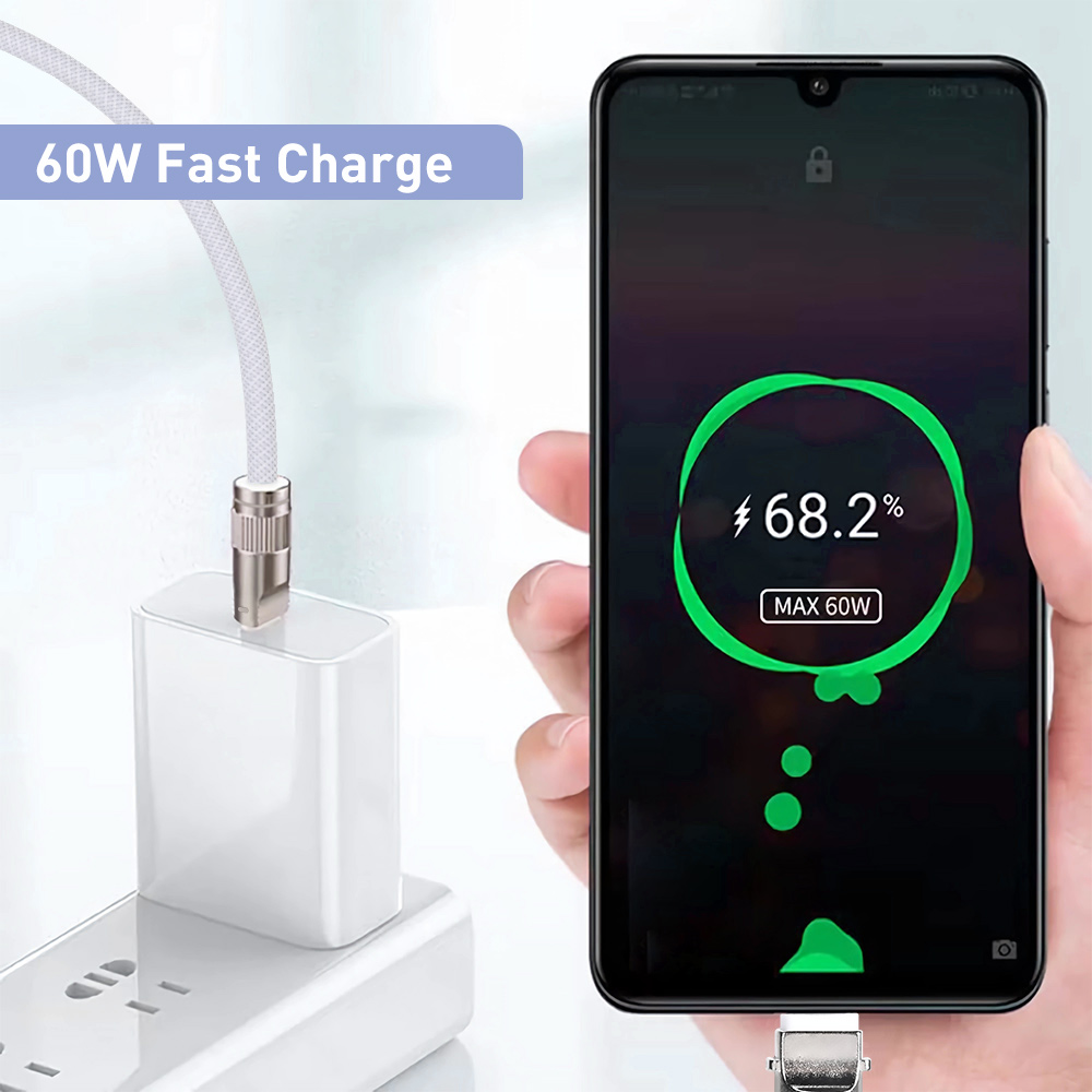 USB-C cable phone lanyard plugged into a wall adapter and a smartphone with a charging power of up to 60W