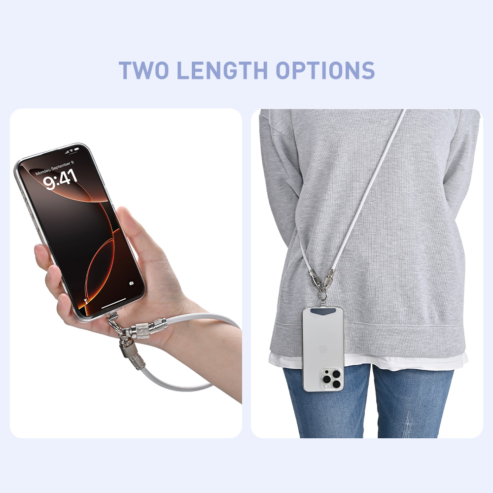 Smartphone shown with short wrist lanyard and long neck lanyard options, demonstrating two USB-C cable length configurations