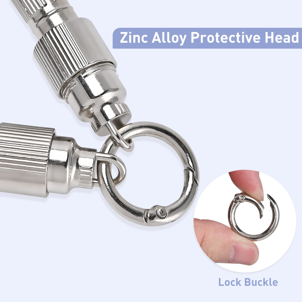 Close-up of zinc alloy protective head and lock buckle for phone lanyard USB-C cable