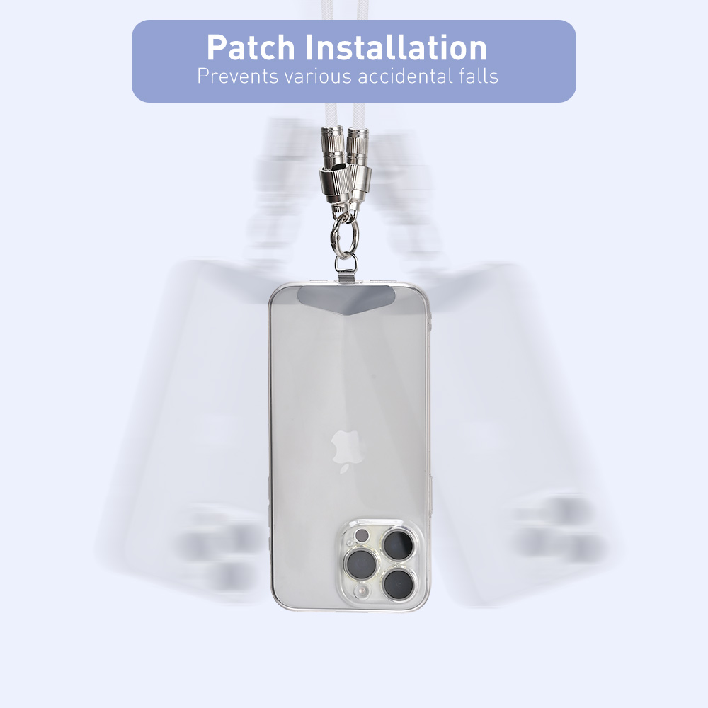 USB-C cable phone lanyard patch installed on smartphone case while with an anti-drop wrist strap to prevent accidental falls