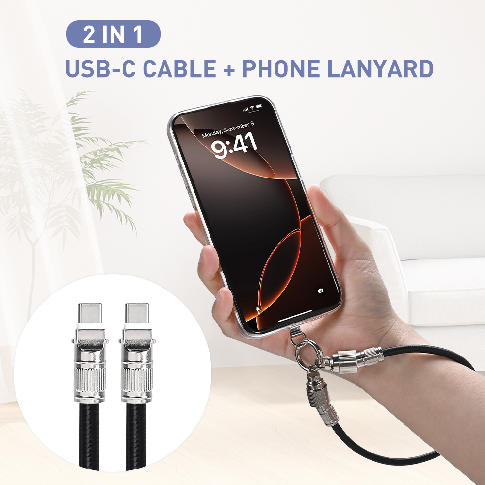 A 2-in-1 black nylon-braided USB-C cable phone lanyard attached to the smartphone