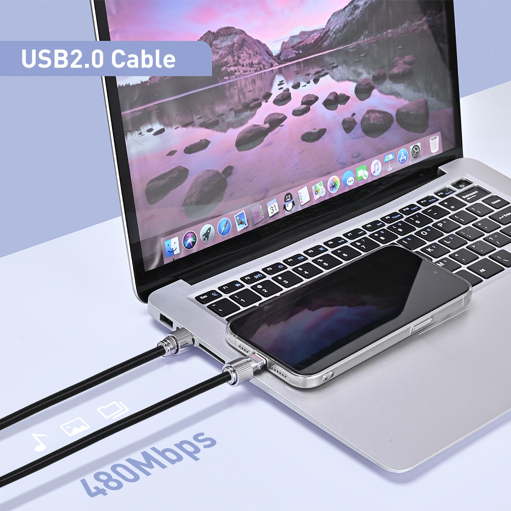 USB 2.0 Type-C cable connecting a laptop and smartphone with a data transfer rate of up to 480 Mbps