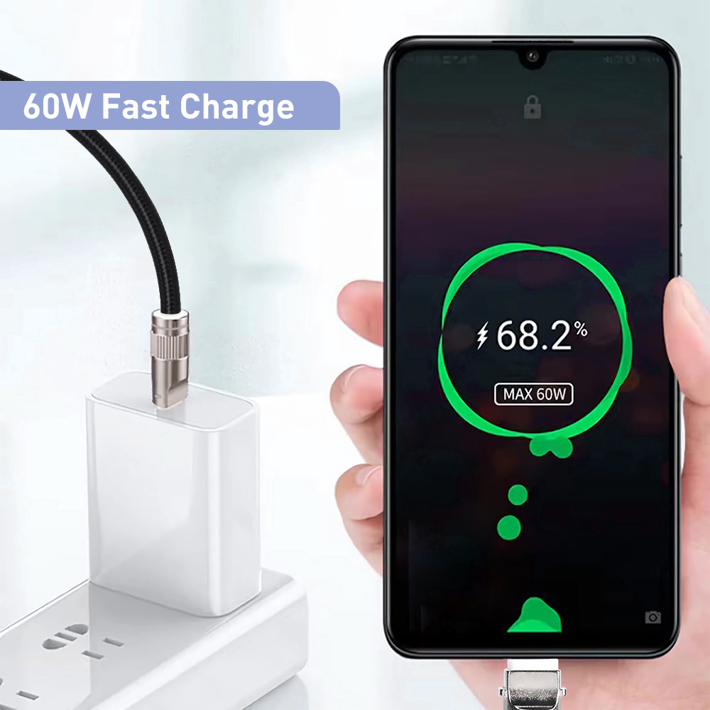 Black braided USB-C cable, up to 60W charging power, connected to a charger while the smartphone display shows 68.2% charged