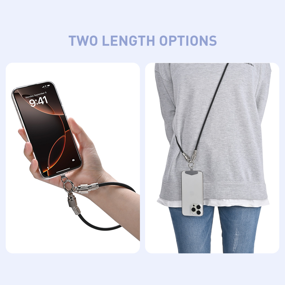Two length options for 2-in-1 USB-C cable lanyard: Handheld (short) and neck-worn (long) with a smartphone
