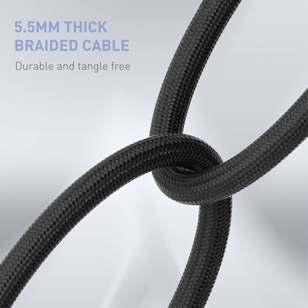 5.5mm thick black braided cable shown in a knotted (non-tangled) arrangement to display its durable & tangle-free texture