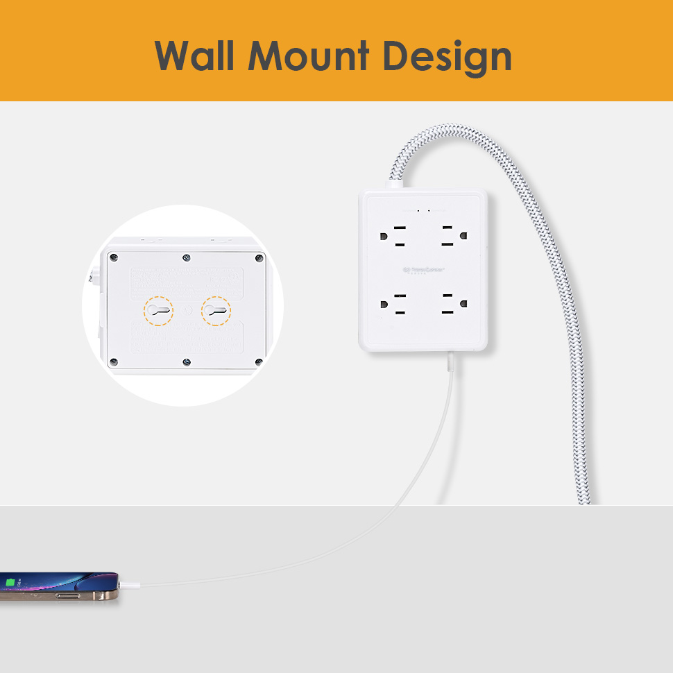 This 5ft long surge protector power strip can be wall-mounted because it has two keyhole slots on its back