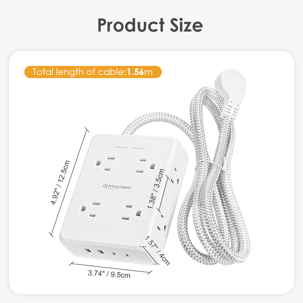 Dimension diagram of this surge protector power strip annotating exact length, width, height measurements, and total length