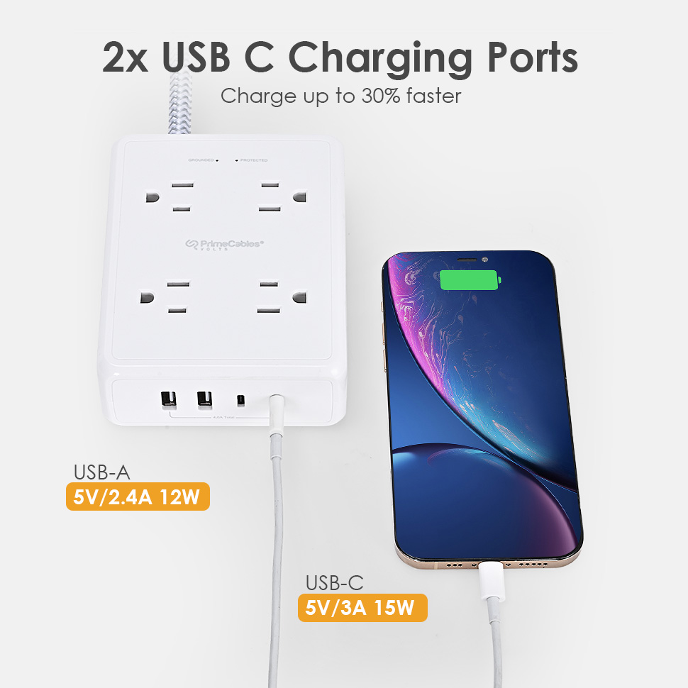 USB-A ports of this surge protector power strip feature 2.4A Max output, while another 2 USB-C ports feature up to 3A output