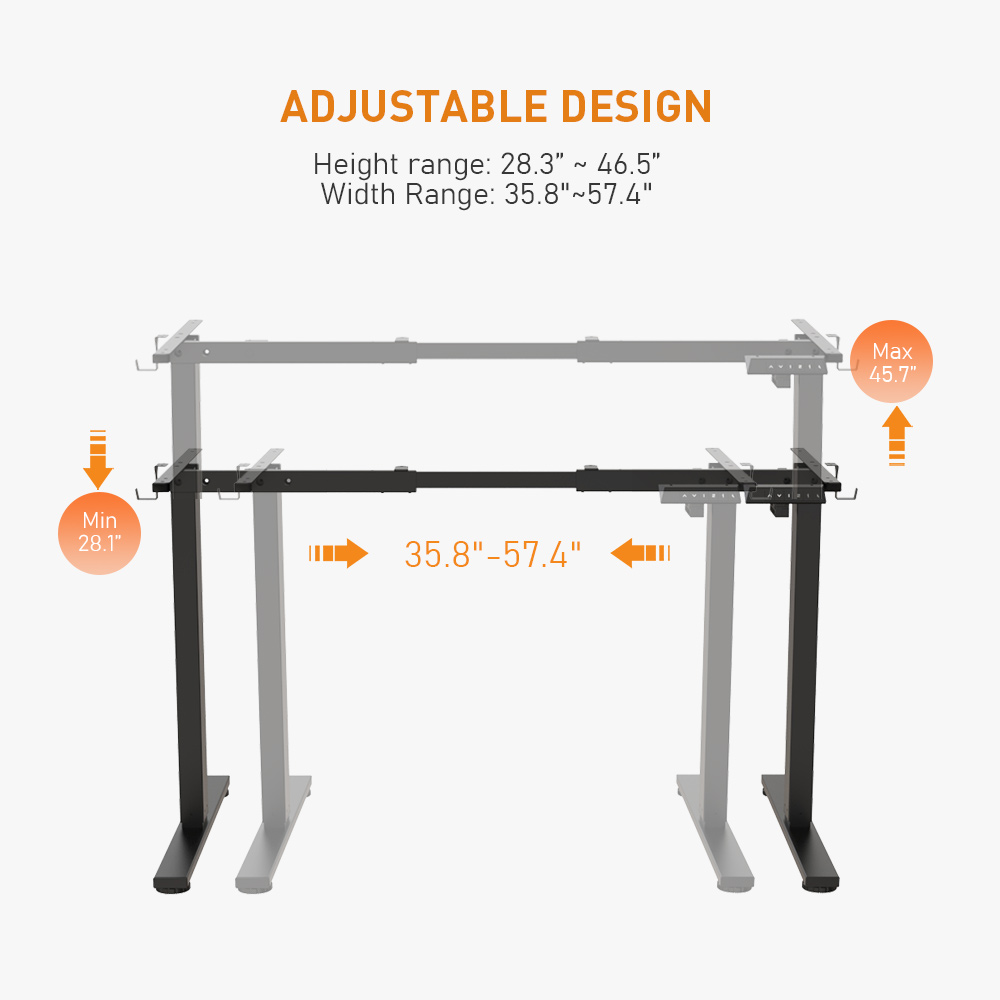Sit-stand desk frame with a width range of 35.8'' to 57.4'', height range from 28.3'' to 46.5''