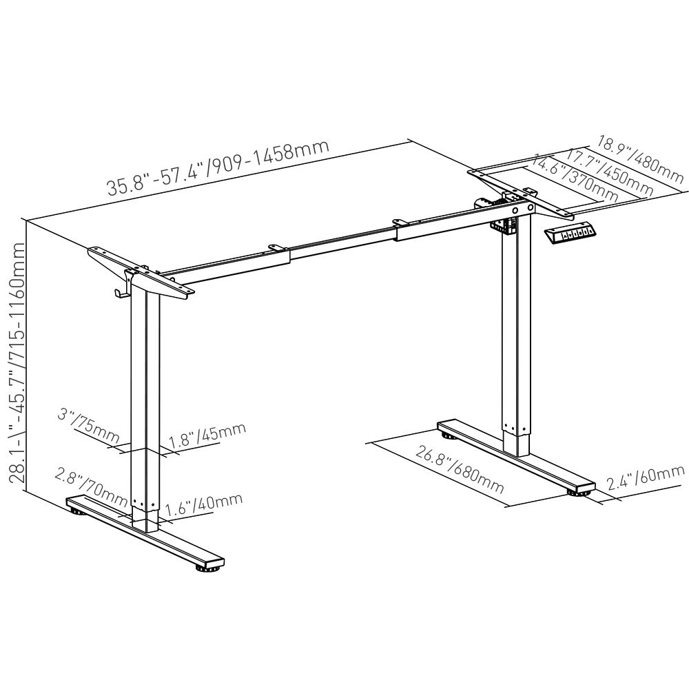 Dimension diagram of PrimeCables electric height-adjustable standing desk frame with full measurements