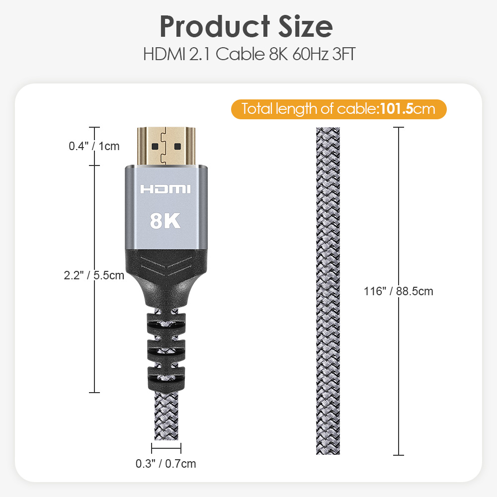 Product size diagram for 3ft HDMI 2.1 cable, total length 101.5 cm, with connector and cable dimensions