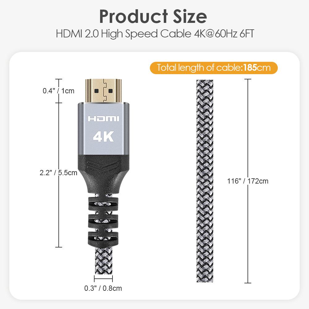 Size diagram for 6ft HDMI 2.0 cable, showing this HDMI 2.0 cable's connector and cable dimensions