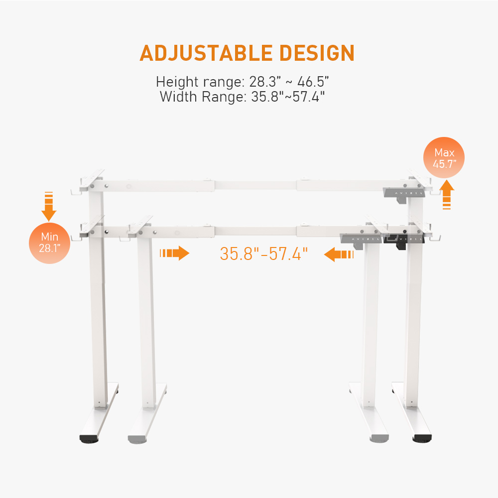 White adjustable sit to stand desk frame can adjust the height from 28.3" to 46.5", and 35.8" to 57.4" for width adjustment
