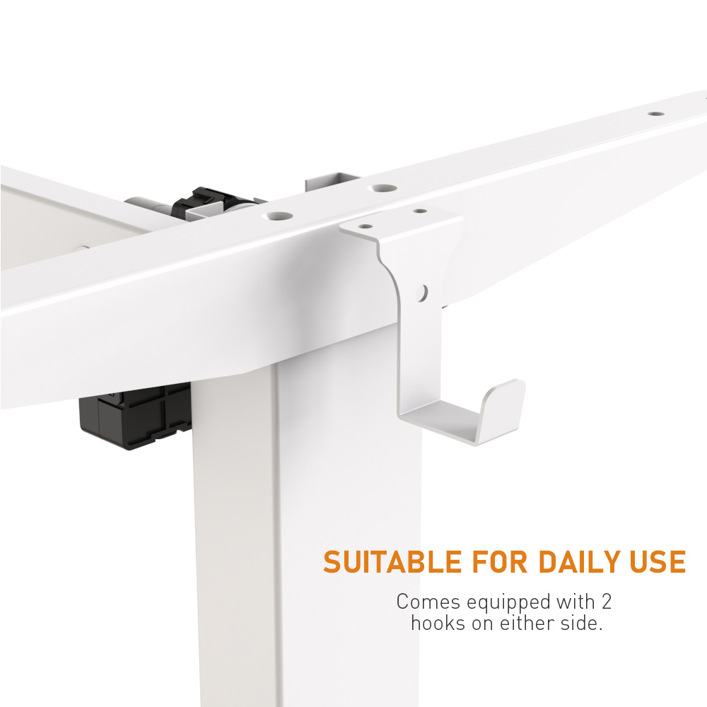 White electric height-adjustable standing desk frame with side hooks for daily use