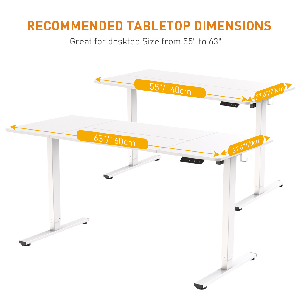 The white sit-stand desk frame supports desktops ranging from 55 inches to 63 inches wide and 27.6 inches deep