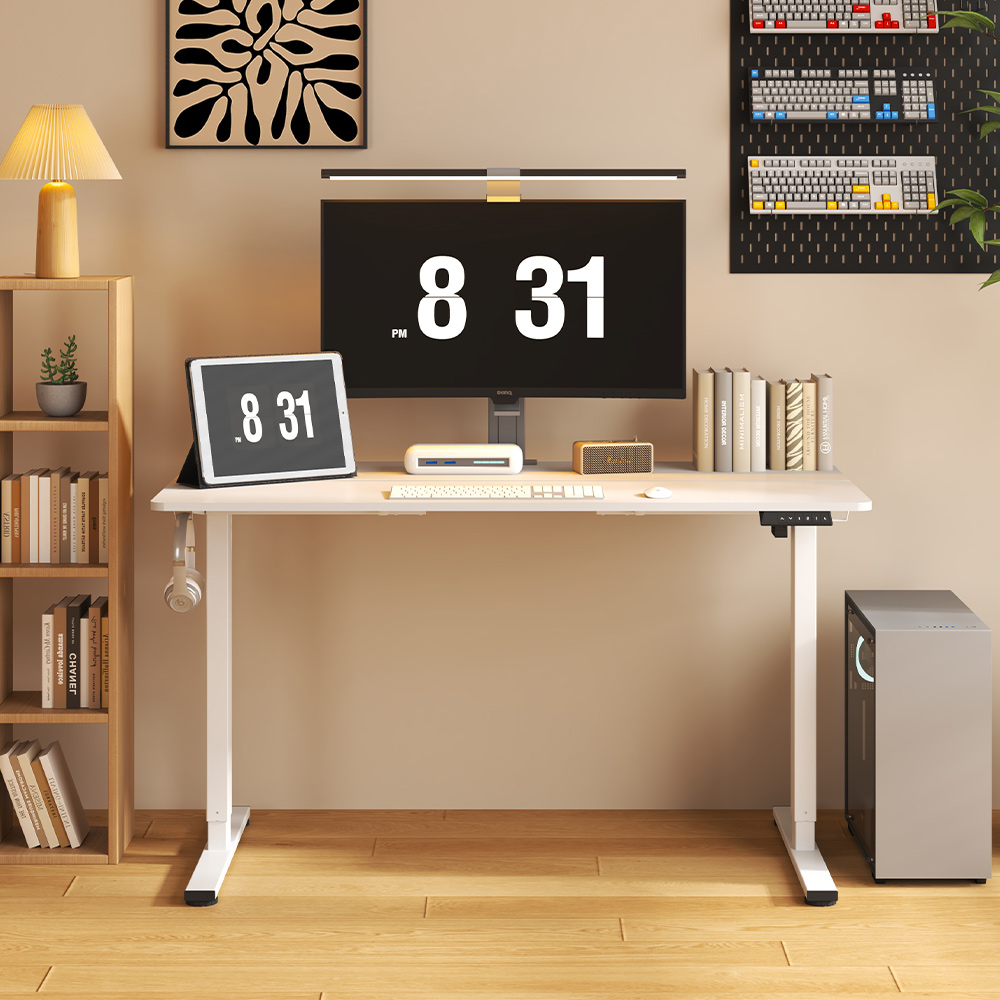 White electric adjustable standing desk frame paired with a white desktop, is suitable for home and office