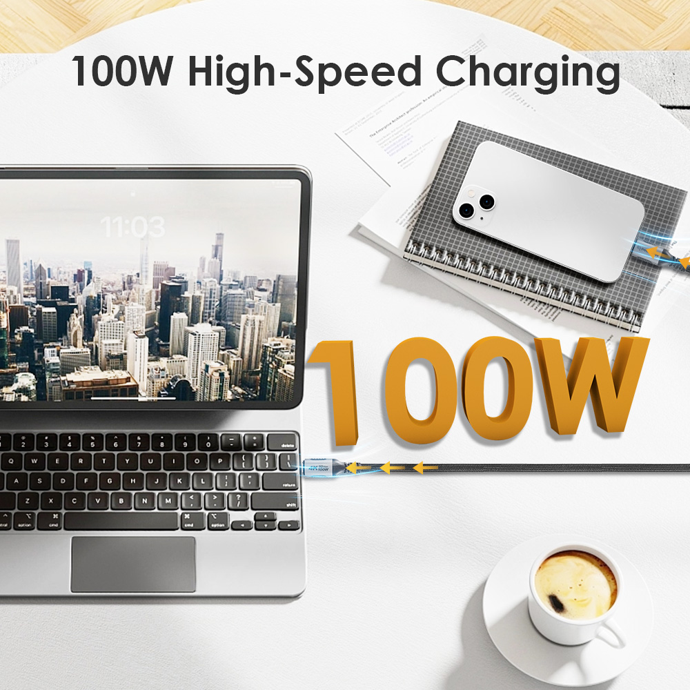 100W black braided USB Type-C to Type-C cable connecting a laptop to a smartphone